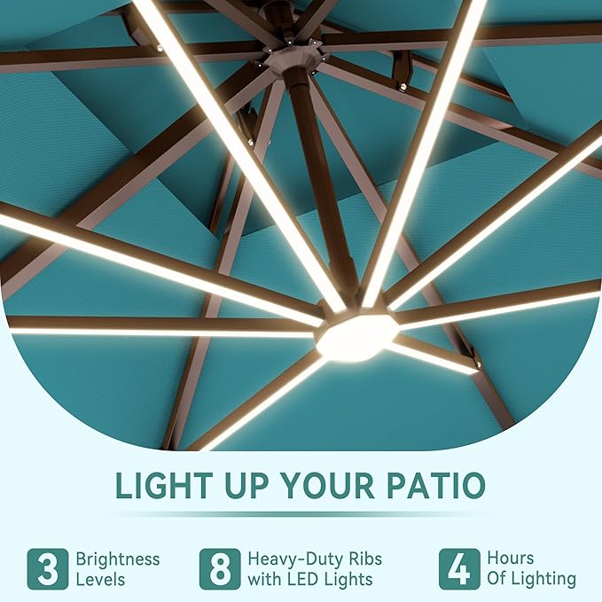 9 X 12 FT Cantilever Outdoor Patio Umbrella with LED Lights Large Heavy Duty 360° Rotation Double Top Offset Rectangular Umbrellas for Backyard Garden Pool Outside Deck, Turquoise