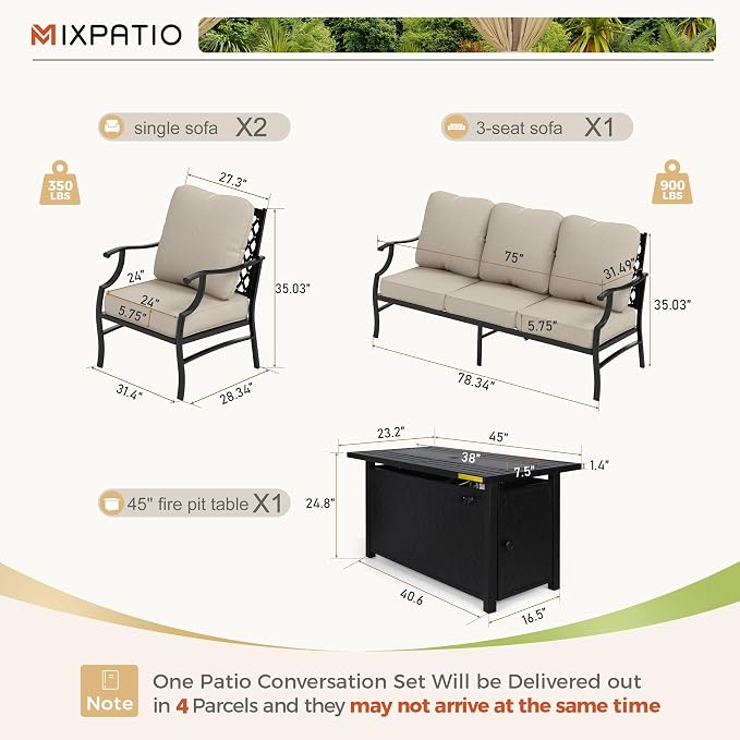 MIXPATIO Patio Furniture Set with Firepit Table, 4 Pcs Metal Outdoor Conversation Set, 2 Single Chairs and 3 Seater Sofa with 5.75" Extra Thick Cushion and Gas Fire Pit Table for Backyard Deck, Beige