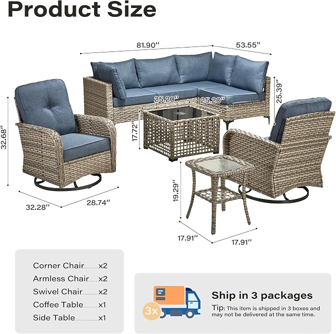 8 Pieces Outdoor Sectional Patio Furniture Set with Swivel Rocking Chairs,Conversation Sets Rattan Wicker L Shaped Couch,Modular Outdoor Sofa for Porch Balcony Backyard Denim Blue