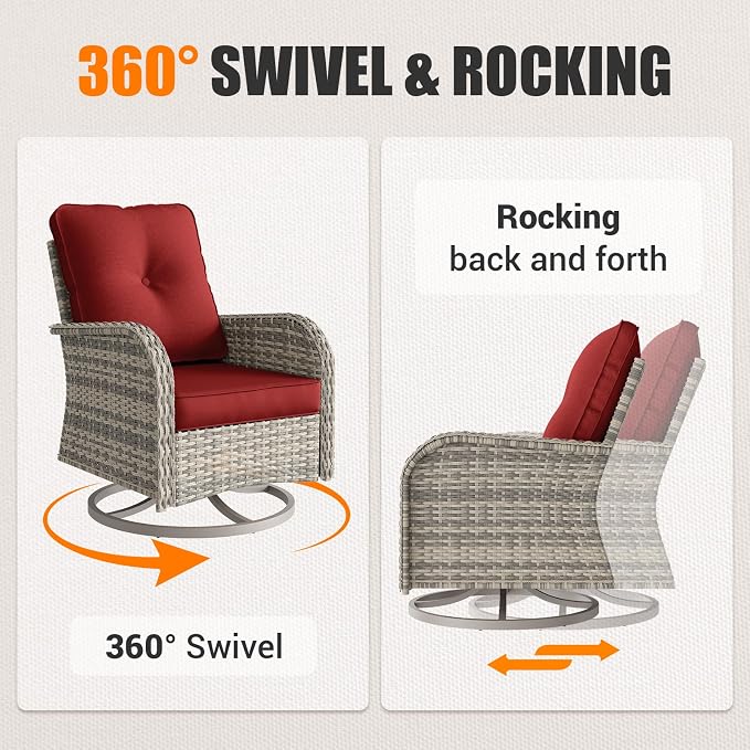 7Pcs Patio Rocking Swivel Chair with 55,000 BTU Fire Pit Table Outdoor Wicker Rattan Bistro Set with Tempered Glass Side Table, Outdoor Patio Furniture Set for Garden and Balcony, Red