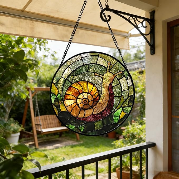 Stained Glass Window Hanging, Green Orange Snail Sun Catcher for Door Home Decor Suncatcher Christmas Mother's Day Birthday Gifts for Women Men Mom and Nana 15 in