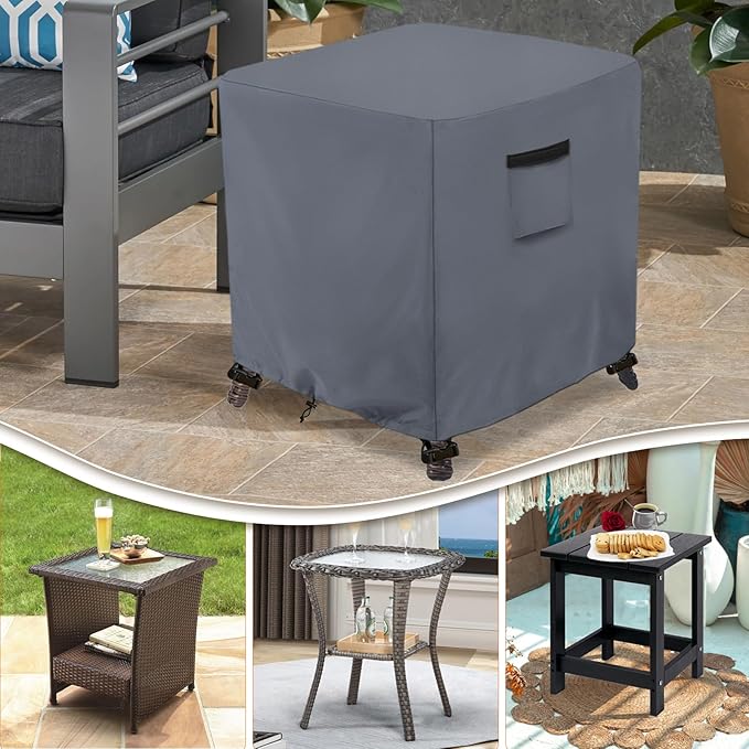 Waterproof Outdoor Ottoman Cover Square,600D Heavy Duty Patio Small Side Table Cover,Patio Furniture Covers for End Table 25" W x 25" D x 18" H,Grey