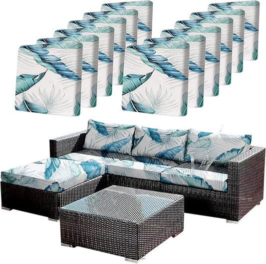 CALBODE 12Pcs Stretch Patio Cushion Covers Outdoor Couch Cover Replacement,Outdoor Sofa Covers for Patio Couch,Washable Furniture Cover (Tropical Flavor,Cushions Not Included)