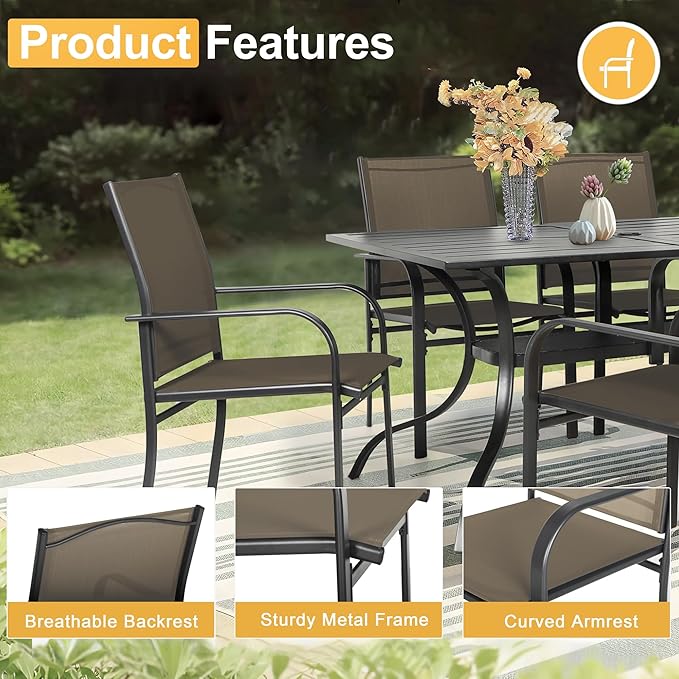 Crownland 7 Piece Patio Dining Set, Textilene Dining Sets, 6 Textilene Metal Chairs and Rectangular Outdoor Dining Table with Sky Blue 9FT Round Outdoor Umbrella (Brown)