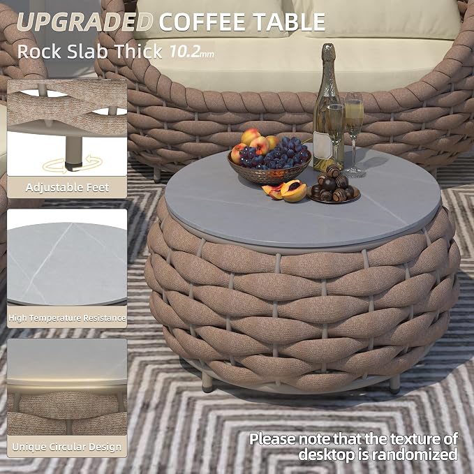 TWT 6-Piece Aluminum Patio Furniture Set, Olefin Rope Modern Outdoor Conversation Set Sectional Sofa with Water Repellent Thick Cushions and Coffee Table for Balcony, Garden, Light Brown