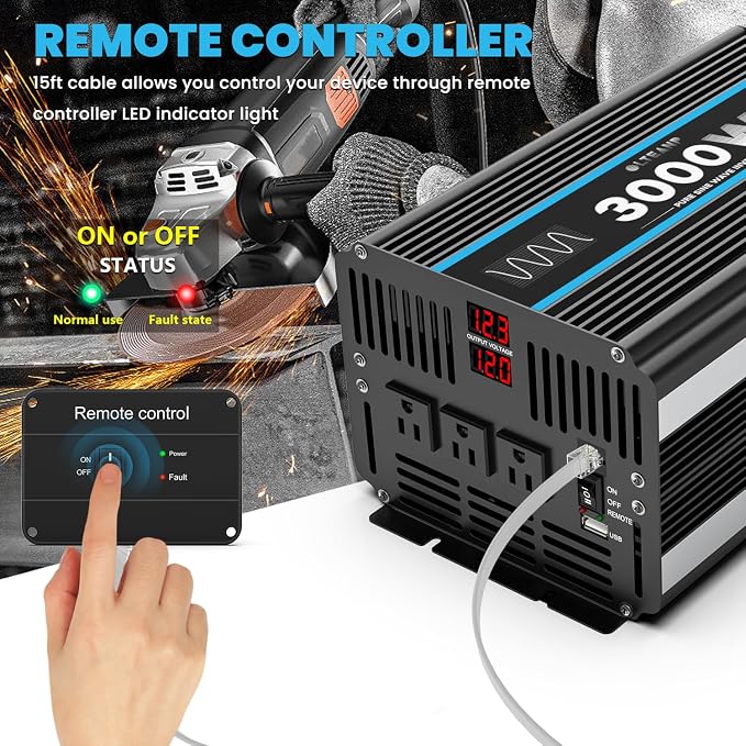 OLTEANP 3000W Power Inverter Pure Sine Wave Inverter 12V DC to 110V AC Car Inverter with USB Ports,3 AC Outlets, LCD Display, Remote Controller for Car, Truck, Home, Vehicles, Boat, Power Outage