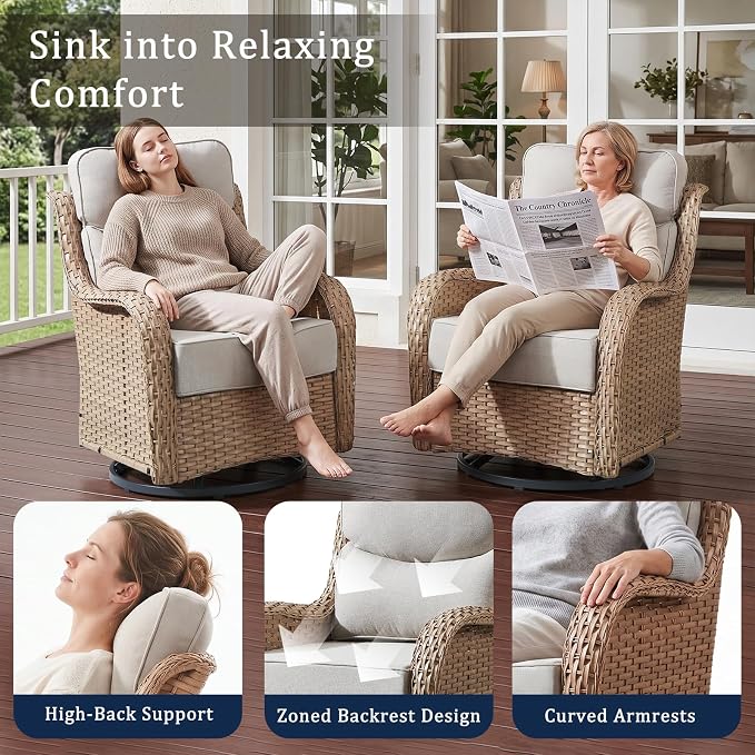 Luxury 6" Thick Cushion 11 Pieces Wicker Patio Furniture Set with High Back Swivel Rocker Chairs of 4, Outdoor Conversation Set with Patio Couch for Deck Porch Yard and Poolside