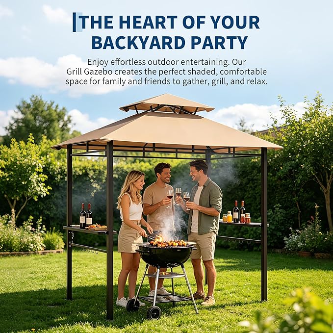 Garvee 8' x 5' Outdoor BBQ Grill Gazebo, Double-Tiered Vented Patio Canopy Tent with 2 Side Shelves for Cooking and Outdoor Entertaining