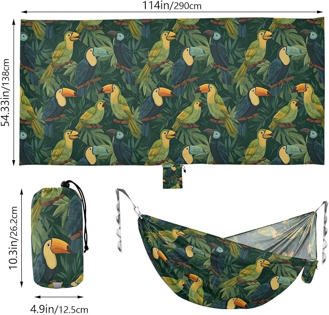 Camping Hammock Outdoor Hammocks for Outside Toucan Green Plant Beach Trees Portable Lightweight with Pockets Tree Straps Indoor