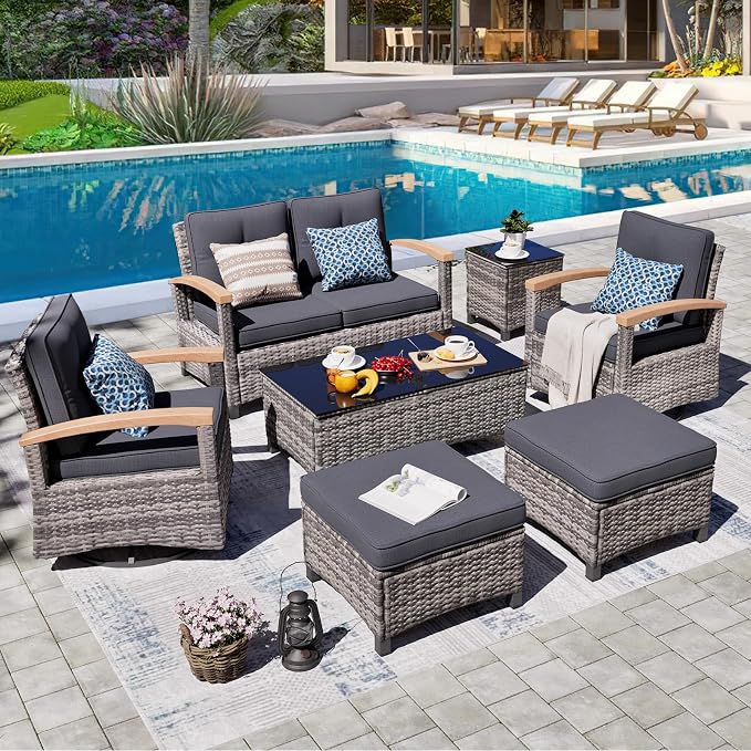 MEISSALIVVE 7 Pieces Patio Furniture Sets,PE Wicker Outdoor Conversation Sets with 2 Wood Armrests Swivel Rocker Chairs, 2 Ottoman, 2-seat Sofa and Coffee Table(Grey)