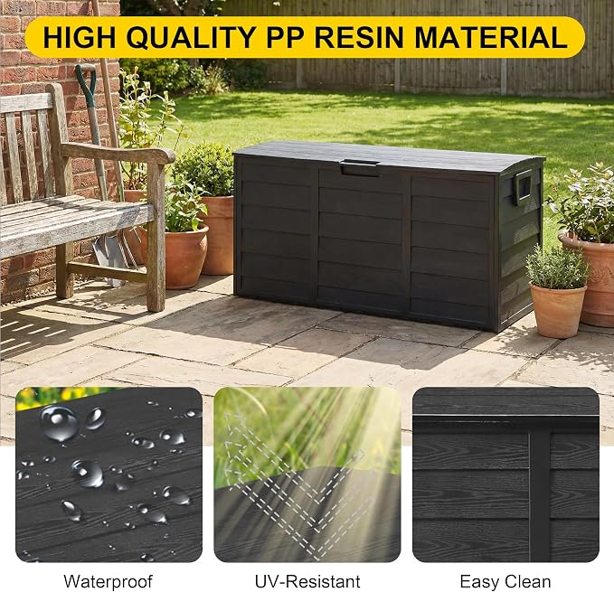 75 Gallon Resin Deck Box, Waterproof Anti-UV Lockable Outdoor Storage Bin for Patio Furniture Garden Tools, Heavy Duty Indoor Package Delivery Deck Boxes for Pillows Pool Cushions, Black