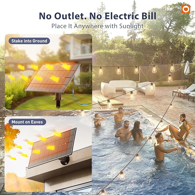 addlon 102FT(96+6) Solar String Lights Outdoor with Remote, 48 LED Dimmable | Waterproof Patio Hanging Lights (2FT Bulb Spacing), Long-Lasting Solar Light for Outside, Yard, Backyard, Garden, Camping