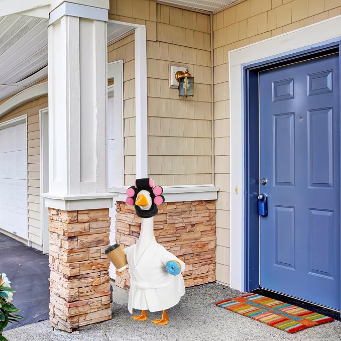 Shyyween Winter Goose Outfit Lady Porch Goose Outfit for 23'' Cement Plastic Geese Statue Clothes White Bathrobe Curlers Coffee Cup for Outdoor Garden Lawn Yard Patio Decoration