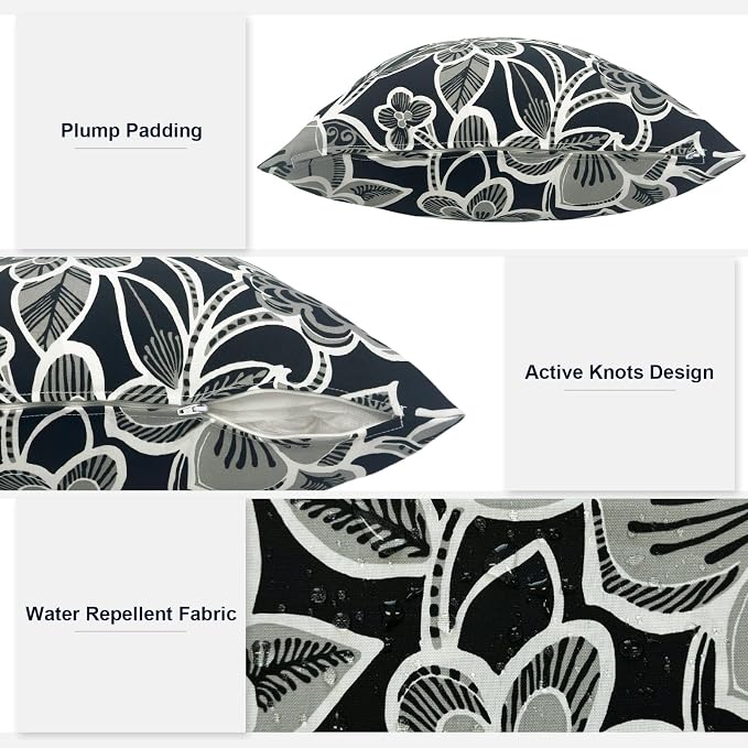 Outdoor Lumbar Pillows, Water Repellent Cushion Pillows 12x20 Inch, Outdoor Pillows with Inserts for Home Garden, Pack of 2, Flower Black