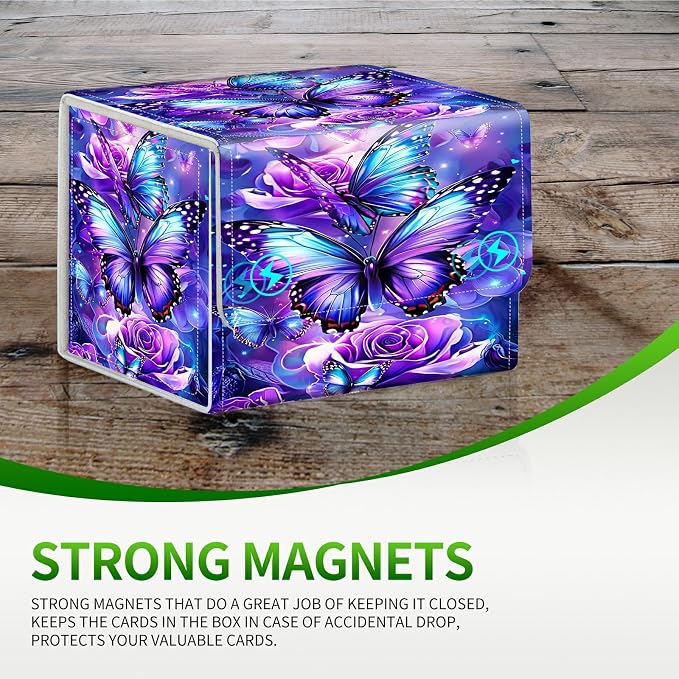 Card Deck Box for MTG, Cards Storage Box Fits 120+ Sleeved, Leather Small Size Strong Magnetic Closing Card Case for Board Games Magic TCG CCG Baseball Collection, Purple Butterfly Flower