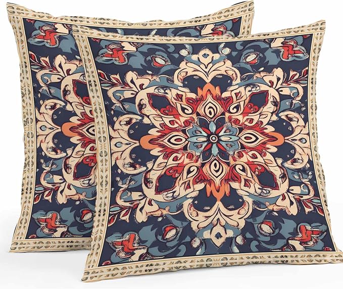 Bohemian Waterproof Outdoor Pillow Covers Set of 2 Home Decor, Blue Retro Boho Ethnic Farmhouse Colorful Pillowcase Patio Pillow Covers for Couch Bench Furniture Garden 18x18in