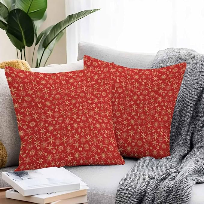 Red Christmas Outdoor Pillow Cover 24x24 Inch Cushion Sham Case, Farmhouse Gold Snowflakes Winter Xmas Waterproof Decorative Square Throw Pillowcase for Outside Garden Patio Porch Couch Chair Tent