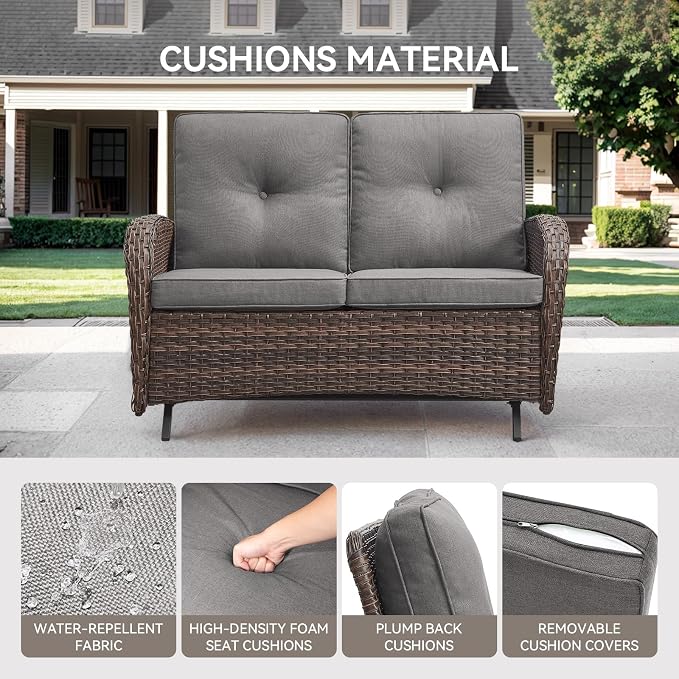 Patio Loveseat Wicker Loveseat Rattan Glider Sofa with Curved Armrest Thicking Back & Seat Cushions for Garden Balcony Backyard Brown Wicker|Grey Cushions (B) Patio Loveseat Glider