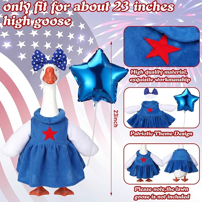 Soulchen 1 Set 4th of July Porch Goose Outfit 23 Inch Patriotic Red White Blue Cement Goose Clothes Dress and Headband Set for 250th Anniversary Independence Day Holiday Garden Yard Decor