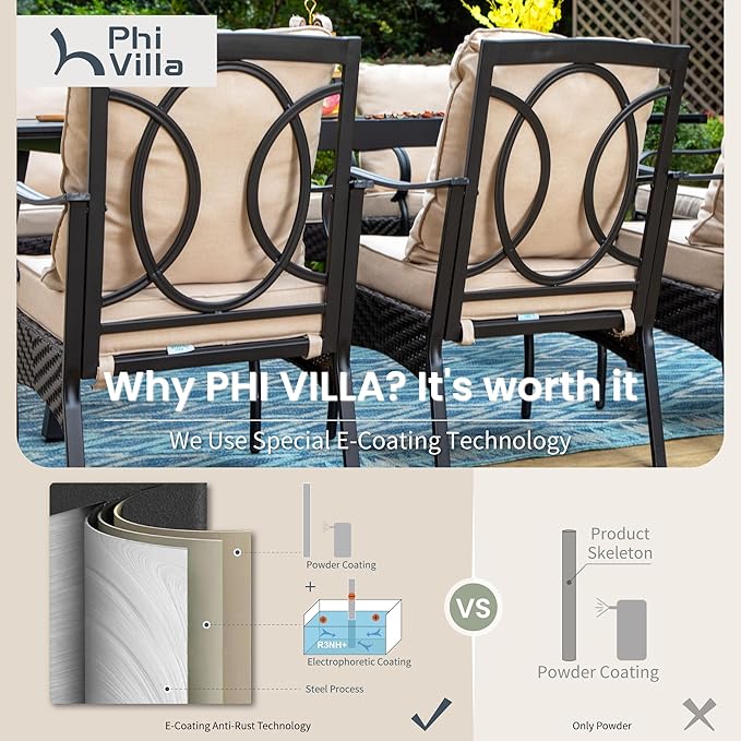 PHI VILLA Outdoor Dining Set for 6, Outdoor Table and Chairs Set for 6, 4 Extra Large Dining Chairs & 2 Swivel Chairs, Rectangular Metal Slat Dining Table for Deck, Backyard and Garden