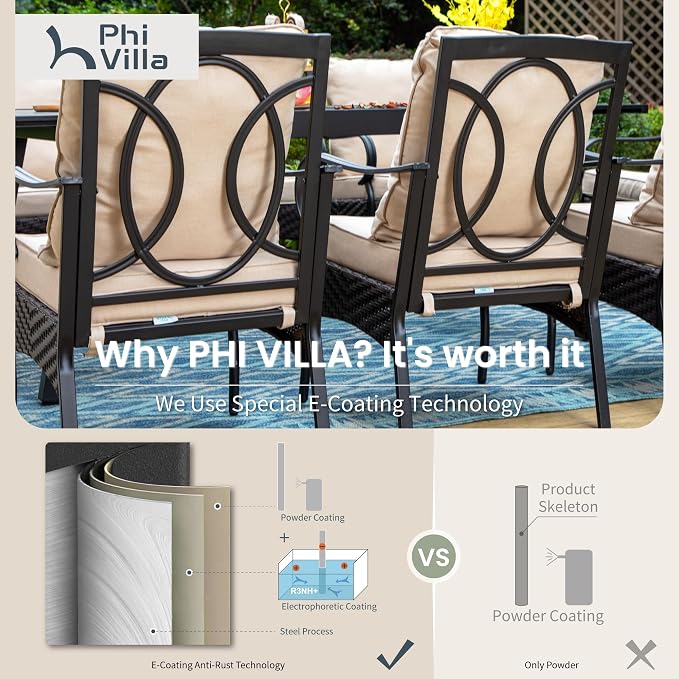 PHI VILLA Patio Dining Chairs Outdoor Wicker Chairs Set of 4 with Cushions | Heavy Duty Outdoor Metal Wicker Dining Chair with Padded Cushions, Large All Weather Wrought Iron Patio Chair for Balcony