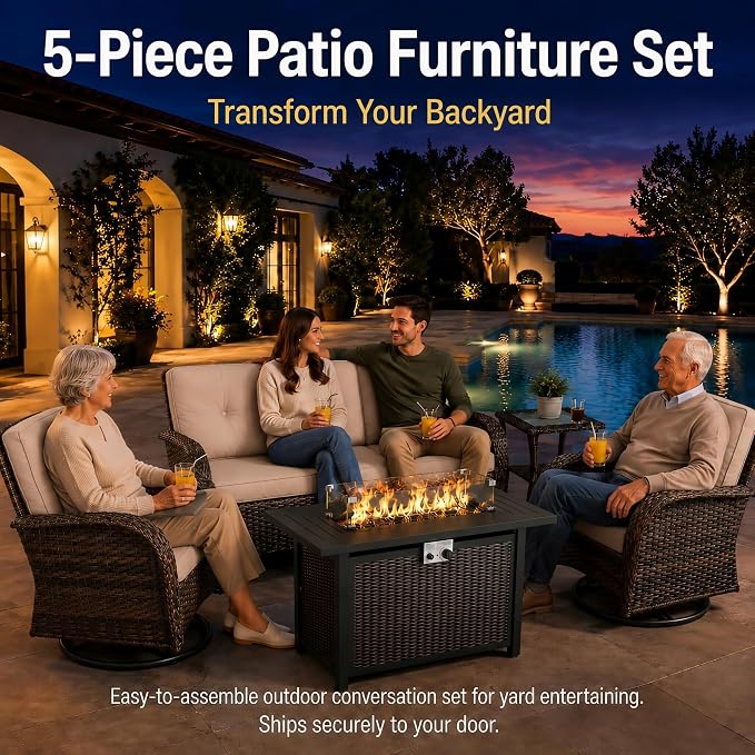 HUMMUH 5-Piece Patio Furniture Set, Fire Pit and Swivel Rocker Chairs | 50000 btu auto-ignition fire pit, 360 degree swivel gliding mechanism, 4 inch thick sponge cushions
