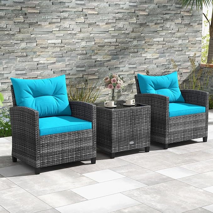 ORALNER Patio Furniture, 3 Pieces Outdoor Wicker Conversation Set Chairs with Soft Cushions and Glass Coffee Table, Rattan Bistro Set for Balcony Garden Deck Front Porch Poolside (Turquoise)