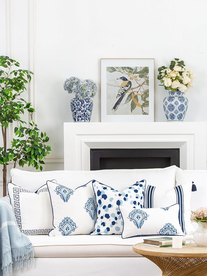 Hofdeco Premium Coastal Patio Indoor Outdoor Throw Pillow Cover Only, 20"x20" Water Repellent for Backyard, Couch, Navy Blue Leopard with Piping (Pack of 2)