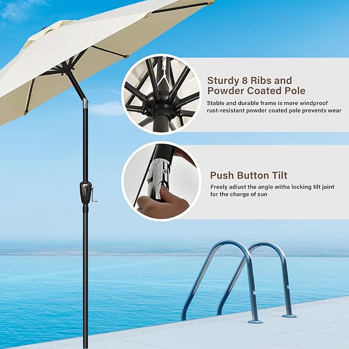 HealSmart 2pcs 9ft Patio Umbrella with Push Button Tilt/Crank, Outdoor Table Market Yard Umbrella with 8 Sturdy Ribs for Garden, Backyard, Deck, Pool, Beige