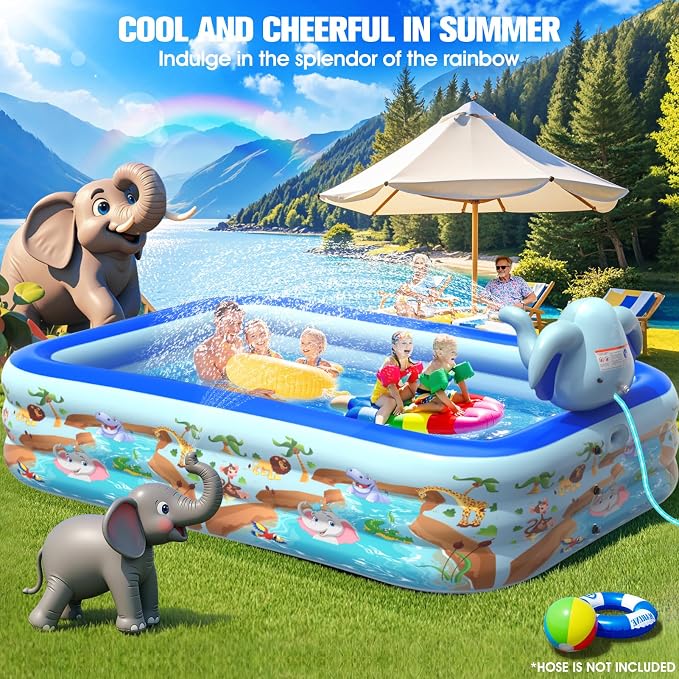 Inflatable Pools with Sprinkler,Upgraded Elephant Inflatable Swimming Pool,Kids Pools for Backyard,Large Inflatable Pool for Adults Blow up Pools,Oversized Thickened Family Inflatable Pool-Multi color