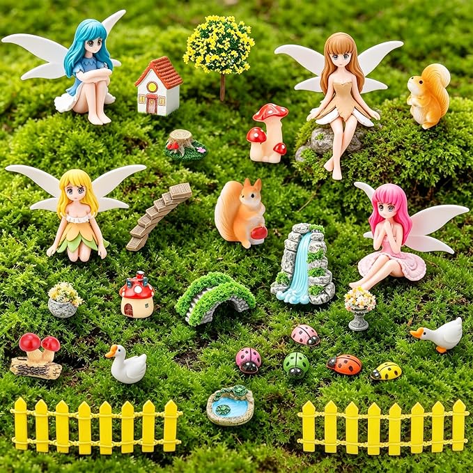 Miniature Fairy Garden Kit 27Pcs Cute Mushroom Figurines & Plants Set Fairy Garden Accessories Tiny Furniture Decor for Terrarium Potted Plant Ornament for Home Desk