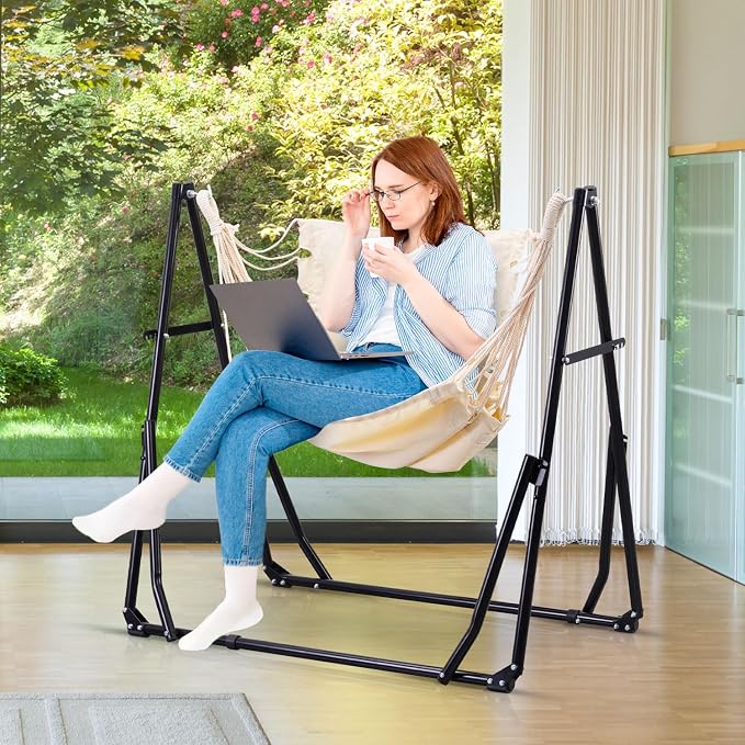 Hammock with Portable Steel Stand and Carrying Bag for Outside,Easy Set Up for Outdoor,Indoor,Backyard,Patio,Camping,Garden,Trip (White)