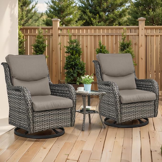 Outdoor Swivel Rocker Patio Chairs with 5" Thick Cushion - 3 Piece Wicker Bistro Set with Side Table, High Back Comfty Outdoor Glider Chairs for Balcony, Porch, Deck, Poolside - Gray/Gray