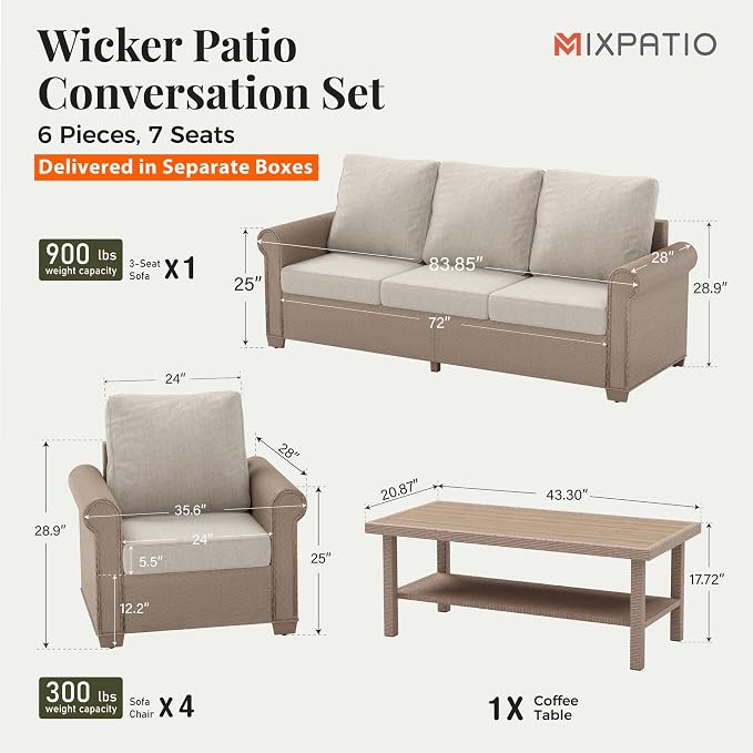 MIXPATIO Patio Furniture Set 6 pcs, Wicker Outdoor Patio Furniture, 3-Seat Sofa, 4 Single Chairs and 56" Gas Fire Pit Table, Rattan Patio Conversation Set for Backyard Deck, Beige