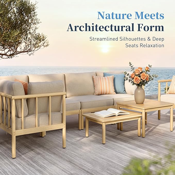 SUNSHINE VALLEY Patio Furniture,Acacia Wood Outdoor Sectional Sofa with 5.5" Ultra-Thick Cushions,Patio Conversation Set,Lawn Garden Backyard Couch Set with Nesting Tables,Beige