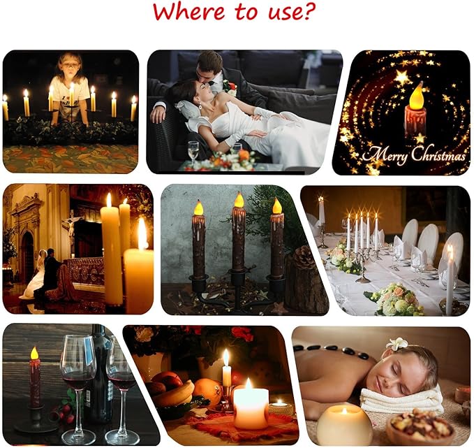 CVHOMEDECO. Real Wax Hand Dipped Battery Operated LED Timer Taper Candles Rustic Primitive Flameless Lights Décor, 6-3/4 Inch, Burgundy, 6 PCS in a Package