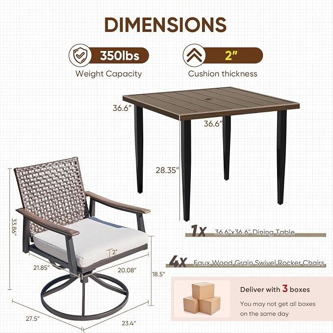 NATURAL EXPRESSIONS Outdoor Dining Set,Patio Table and Chairs Set with 4 Rattan Wicker Swivel Chairs,5 Piece Patio Dining Set for 4,36.6" Woodgrain Table with 1.65" Umbrella Hole,Patio Sets for Yard