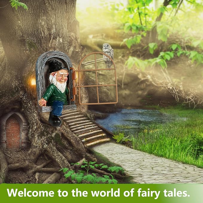 Garden Gnomes Decoration Outdoor Tree Faces Decor with Hanging Ladder for Yard, Elf Out The Door Tree Hugger Figurine Resin Garden Sculpture Ornament Whimsical Gnome Decor for Patio Yard Lawn