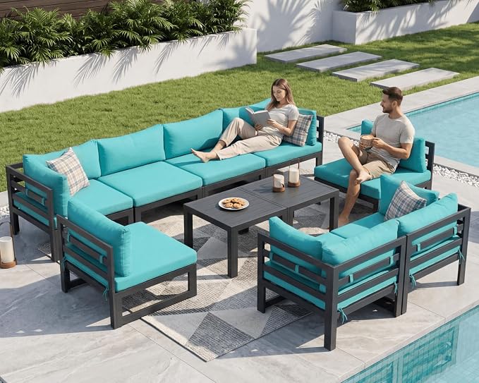 NICESOUL 10 Piece Oversized Modular Aluminum Outdoor Furniture Set, 29" Deep and Wide Sectional Seating, 500 lbs High Weight Capacity Water Resistant Patio Conversation Set for Garden Deck, Turquoise