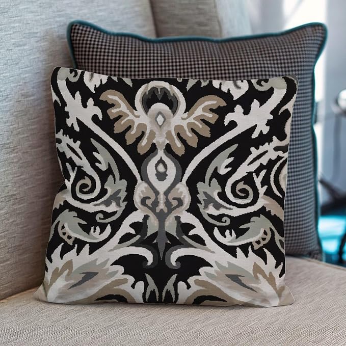 Cushion Cases Ikat Black Brown Pillows Rustic Euro Sham Charcoal Pillow Cover Accent Farmhouse Decor Pillow for Couch Tent Park 16x16 in