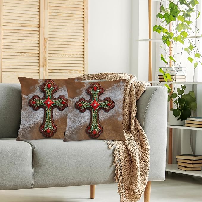 Swono Faux Leather Cross Pack of 2 Throw Pillow Cases, Retro Western Leather Christian Cross Cozy Pillow Cover Square 18"X18" Cushion Case Set Pillowcase Decorative for Home Sofa Bedroom Car Office