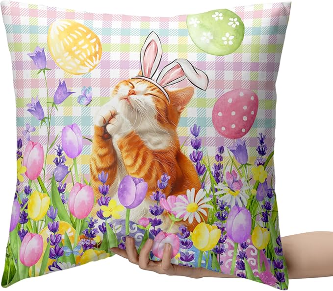 Spring Easter Pillow Covers 22x22 Set of 2 Lovely Cow Cat and Ginger Cat Wearing Bunny Ears Throw Pillow Covers Tulip Floral Pillow Case for Easter Decoration Sofa Patio Garden