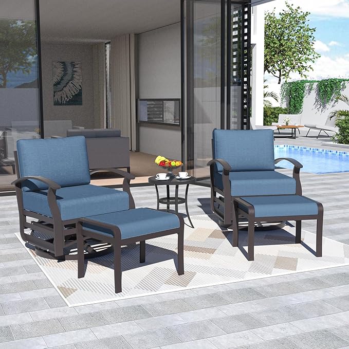 ALAULM 5 Piece Aluminum Outdoor Swivel Chairs High Back Metal Swivel Rocking Chairs with 5.1" Sponge Cushions, 2 Ottmans and 1 Coffee Table for Patio, Porch, Backyards, Garden(DarkBlue)