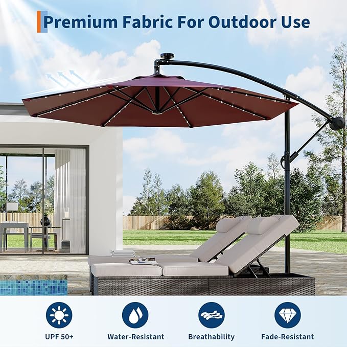 10FT Cantilever Patio Umbrella with Solar LED Lights - Heavy Duty 2-Tier Square Aluminum Offset Outdoor Umbrella, 360° Rotation for Poolside, Backyard, Deck Outdoor Use, Tan