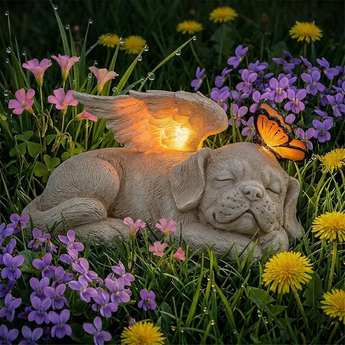 WONDER GARDEN Sleeping Dog Angel Statue with Solar Light - Pet Memorial Stone, in Memory of Dog, Marker Tribute Statues, Resin Guardian Angels, Bereavement Gift