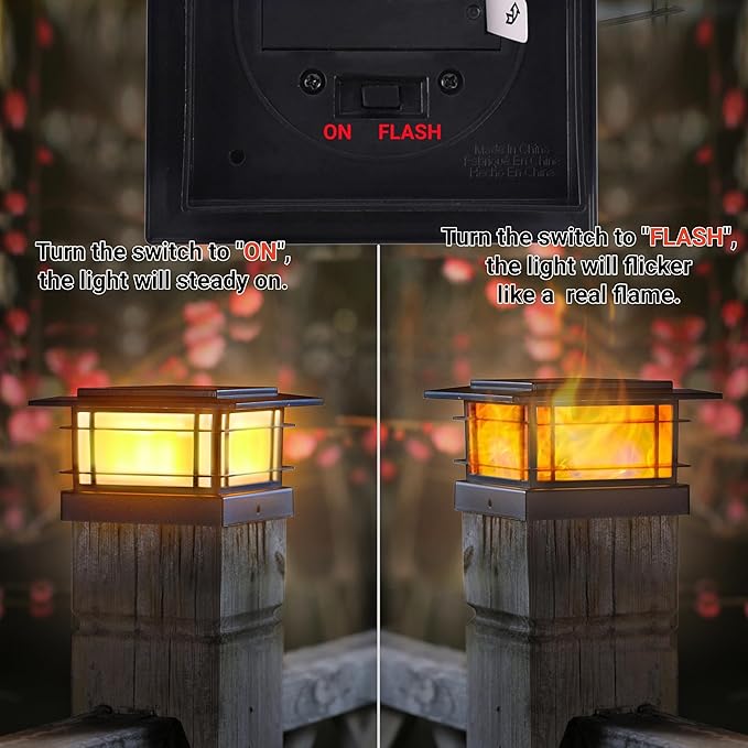 Dynaming 4 Pack Solar Post Cap Lights Outdoor with Flickering Flame Light, Fence Post Solar Lights Fit for 4x4 5x5 6x6 Vinyl/Wooden Posts, High Brightness SMD LED Lighting Decor for Garden Deck Patio