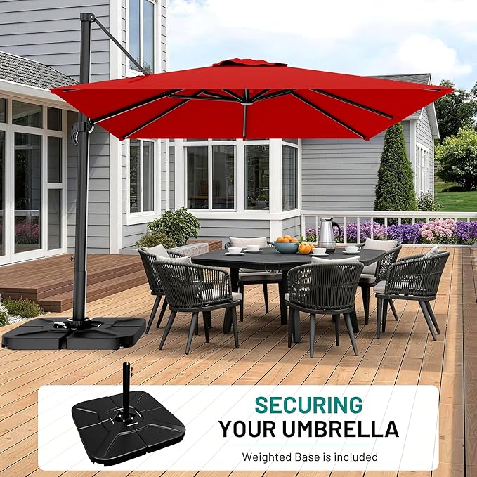 AreShark 9 × 9FT Square Cantilever Patio Umbrella with Base Included, 360° Rotation Offset Outdoor Umbrella, 5 Tilt Settings Heavy Duty Hanging Parasol for Deck Garden Pool, Red