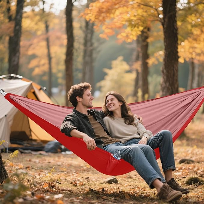 Crimson Red Solid Color Camping Hammock, Portable Lightweight Single Hammock with Tree Straps and Aluminum Carabiners, 114" x 54" Travel Hammock for Hiking Backpacking Beach
