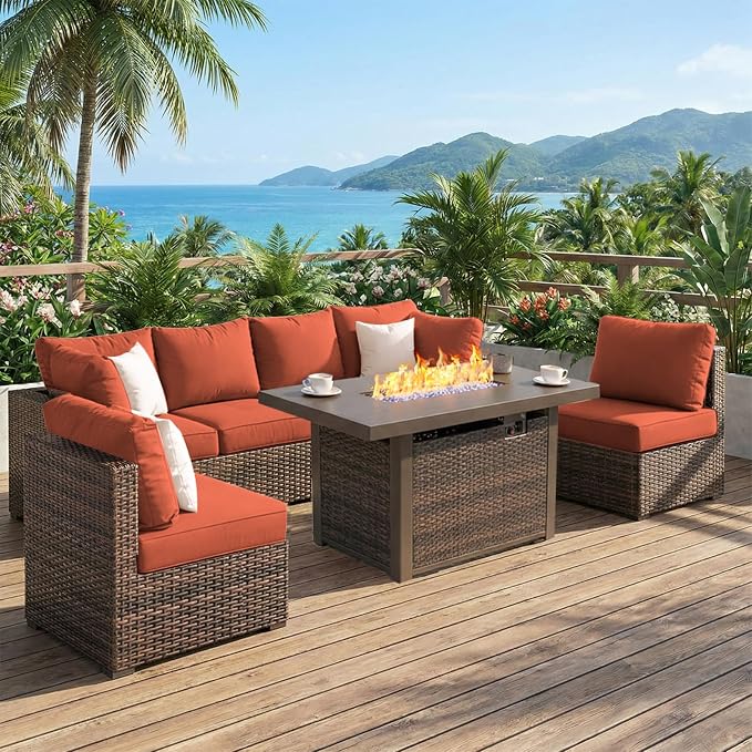 Grezone 7 Piece Patio Furniture Set with 44" Fire Pit Table, Outdoor Sectional Couch, PE Rattan Patio Conversation Sets with 4inch Cushions for Backyard Red