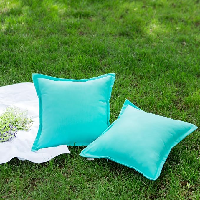 LIGICKY Light Green Outdoor Waterproof Pillow Covers 18x18 Inch Pack of 2 Decorative Square Solid Color Pillows with Wide Edge Cushion Cover for Patio Tent Garden Couch Balcony